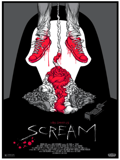 Image of a movie poster for the first 'Scream' film. It is a black and white illustration of a character's feet suspended in the air, with their intestines dripping down to the ground from above and out of frame. The guts, and blood drenched shoes are a vivid red, and there is an old style phone sitting in the corner. The backdrop invokes the ghostface mask.