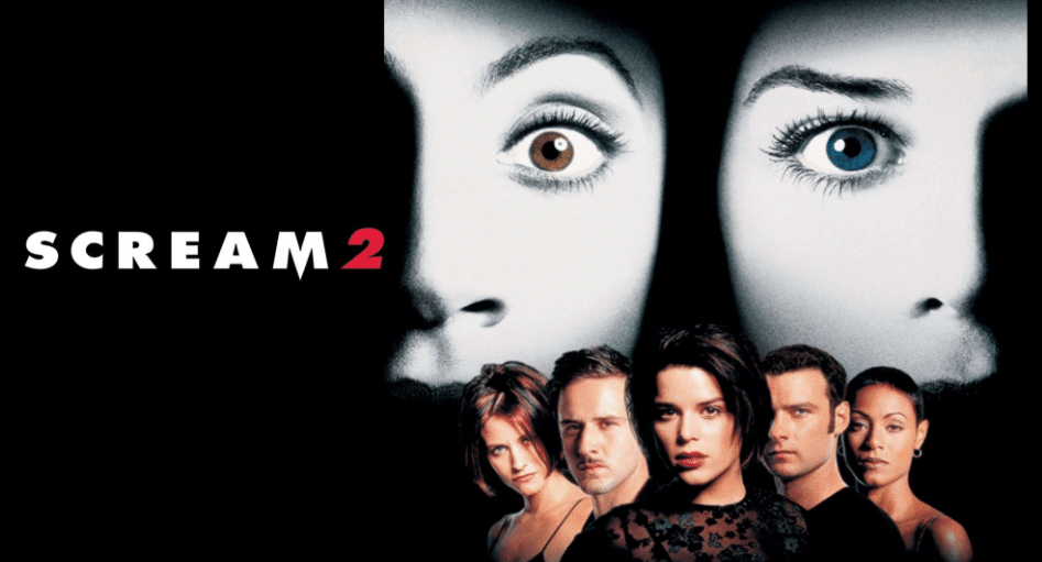 Movie poster of the second 'Scream' film. It has profile images of five of the main cast.