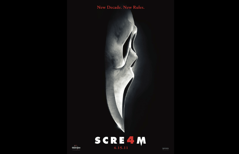 Movie poster of the fourth 'Scream' film. It is a side profile of the ghostface mask, which is weathered, and placed against a black backdrop.