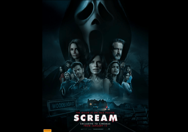 Movie poster of the fifth 'Scream' film. It has a backdrop of the ghostface mask, with twelve cast members faces below it.