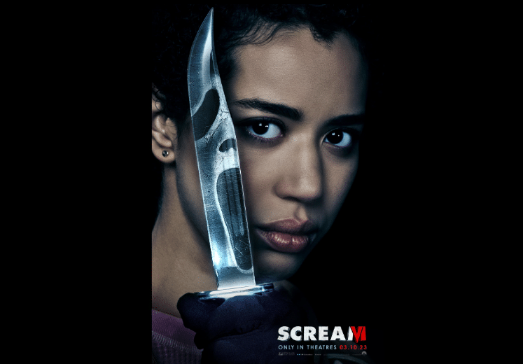 Movie poster for the sixth 'Scream' movie, featuring one of the main cast holding a knife, which reflects the ghostface mask at the audience. There are identical versions of this poster featuring half a dozen other main cast members in the same pose.