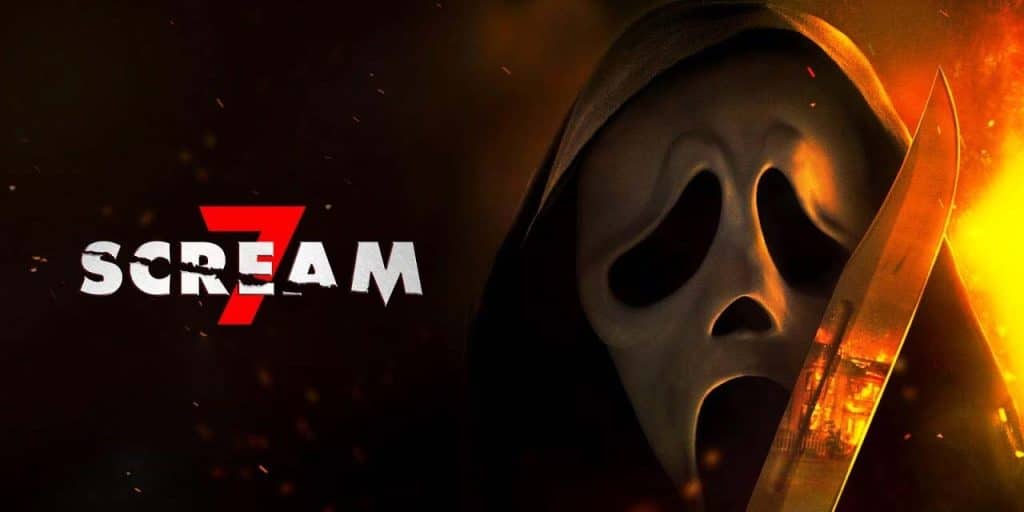 scream 7 poster graphic of ghostface with a knife and fire in back.