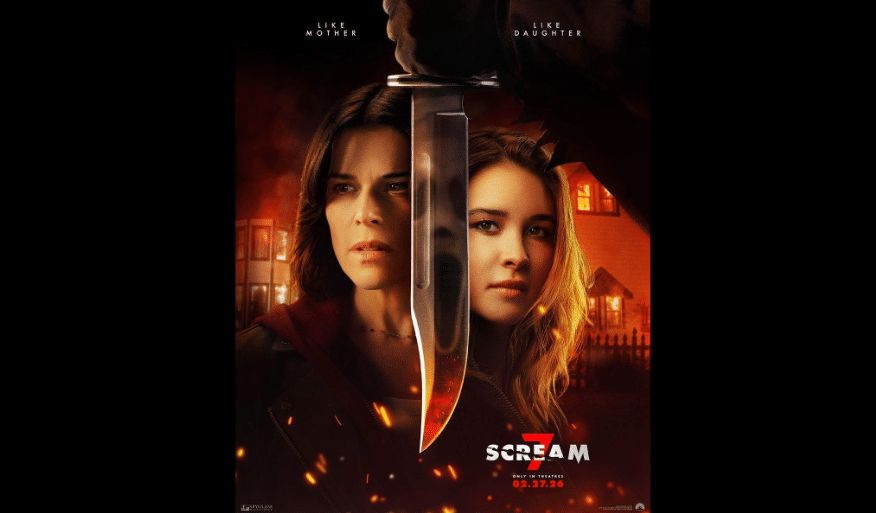 Movie poster of the seventh 'Scream' film, featuring the two main characters of the film, with a knife in the foreground separating their profile images.
