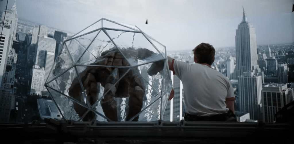 Screenshot of Ryan Gosling sitting with the alien he met, Rocky.