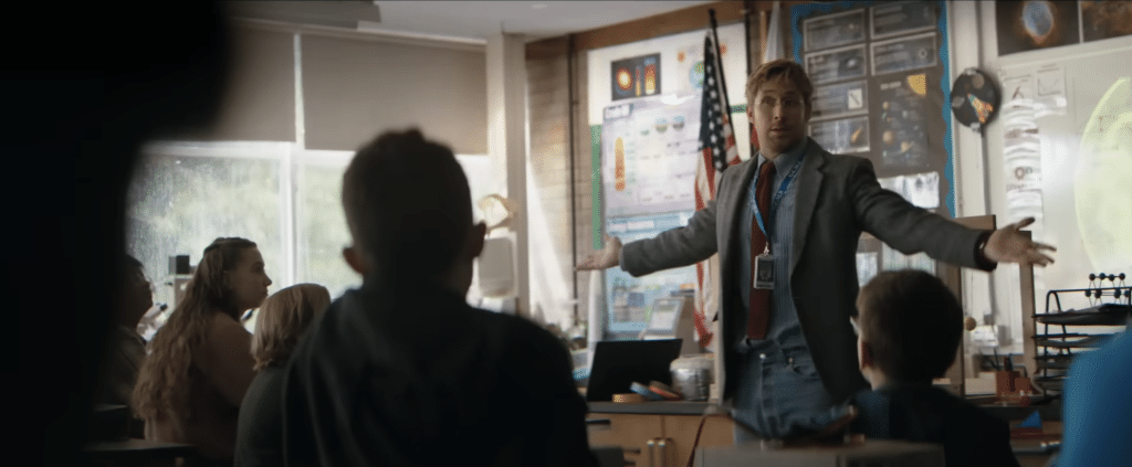 Screenshot of Ryan Gosling as Ryland Grace teaching his students in Project Hail Mary