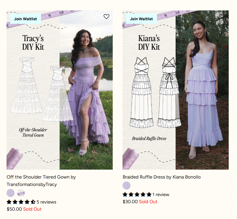 Screenshot from the Popflex's website showcasing 2 of there Upcycle dress items that were for sale.