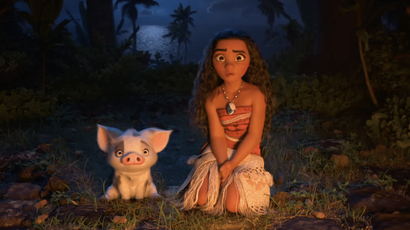 This image shows the main character, Moana, and her pet friend, Pua, in Disney's "Moana".