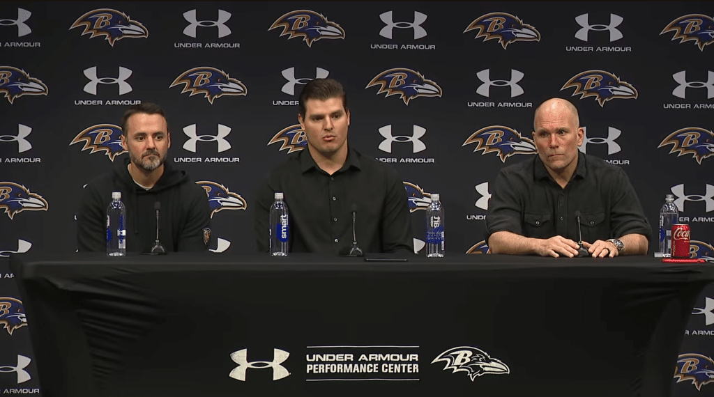 Trey Hendrickson speaks during his introductory press conference with the Ravens.