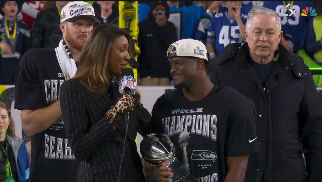 Kenneth Walker III celebrates his Super Bowl MVP moment while speaking to the media.