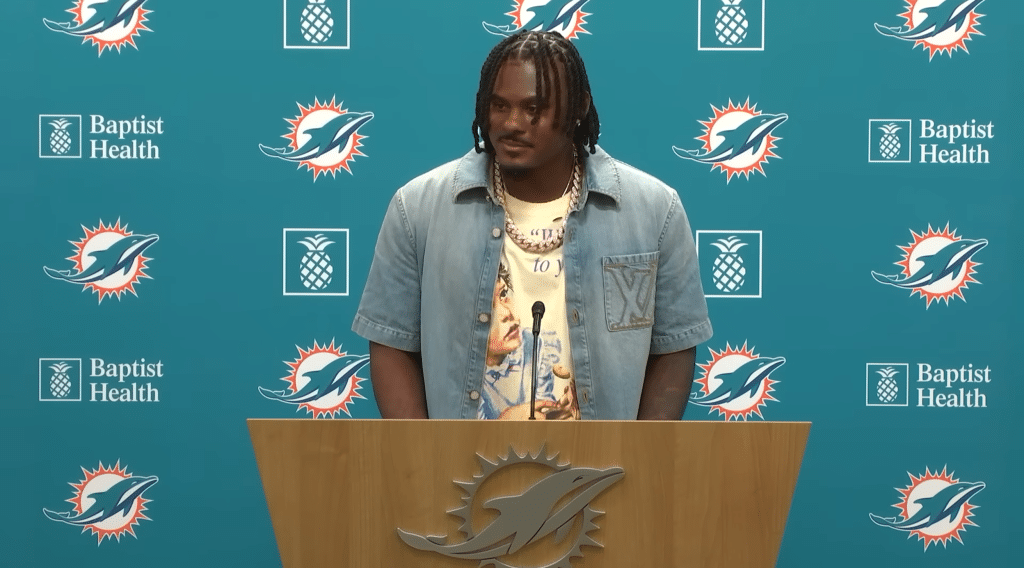 Malik Willis is introduced as the Dolphins’ new quarterback at the team’s press conference.