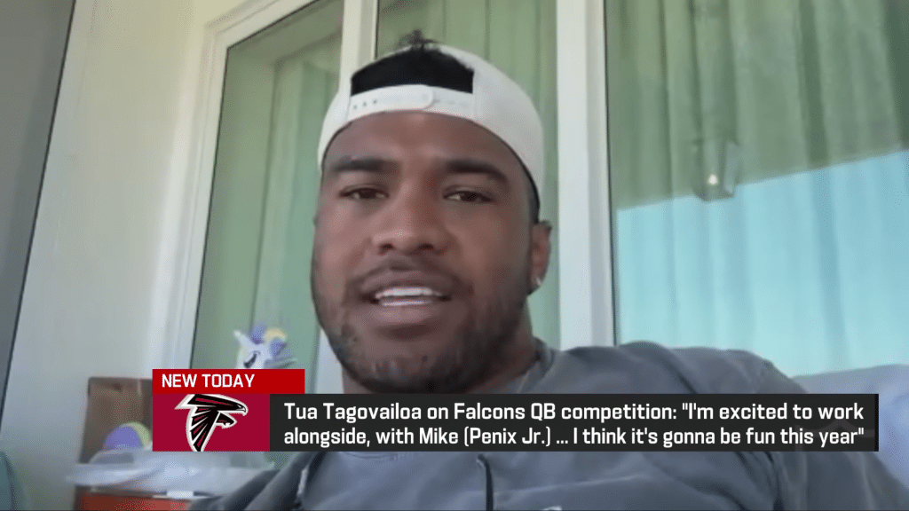 Tua Tagovailoa speaks about working alongside Michael Penix Jr. as part of the Atlanta Falcons quarterback competition during the National Football League offseason.