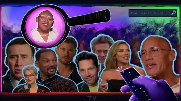 A TV screen features numerous recognizable Hollywood actors, with a magnifying glass over the only Filipino actor.