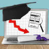 image of a laptop with a cap on top and diploma on the key pad, displaying a downward arrow symbolising the market for graduate jobs going down