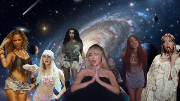 A collage of pop stars including Tyla, Zara Larson, Charli XCX, Sabrina Carpenter, Olivia Rodrigo, and PinkPantheress set against a galaxy background.