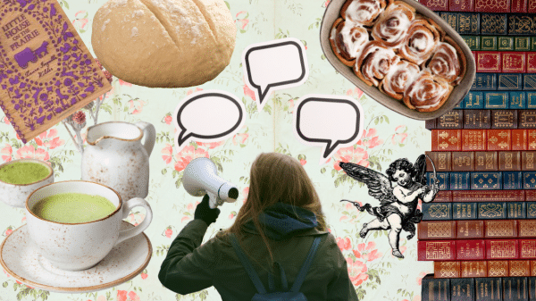 Decorative collage of cottagecore imagery including sourdough, a pile of books and teacups along with speech bubbles and a woman with a megaphone reprenting discourse