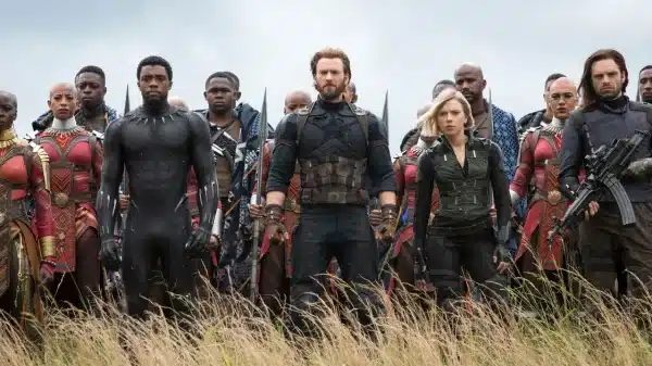 This still from Avengers: Infinity War shows various Marvel characters standing ready for a fight.