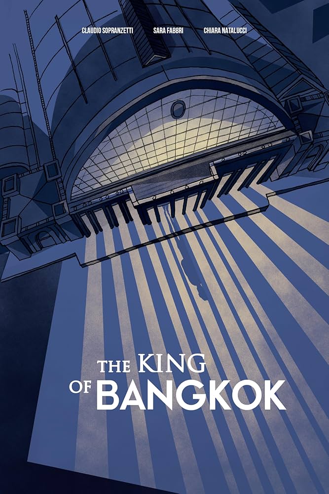 Cover art for the book The King of Bangkok, featuring beams of light shining from inside a building