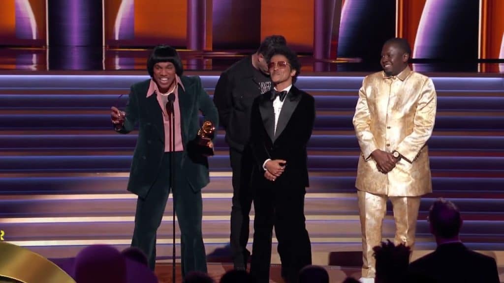 Silk Sonic (Bruno Mars and Anderson .Paak) accept the Grammy for Record of the Year.