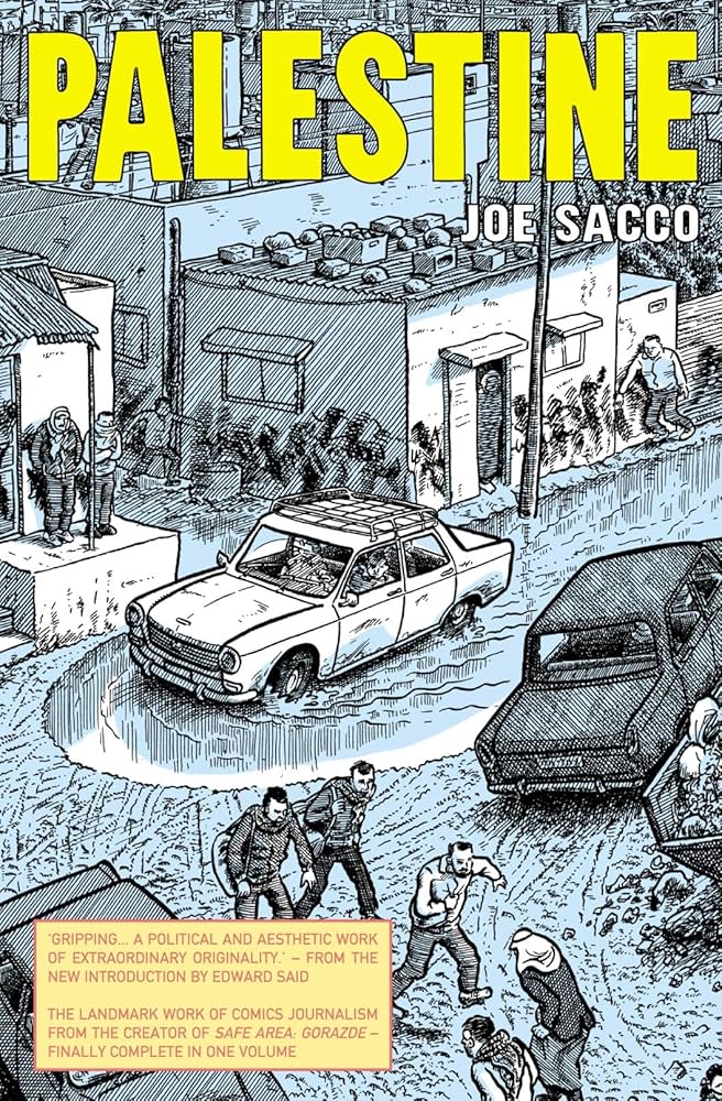 The cover of the book Palestine, featuring an arial view of a street with people in it