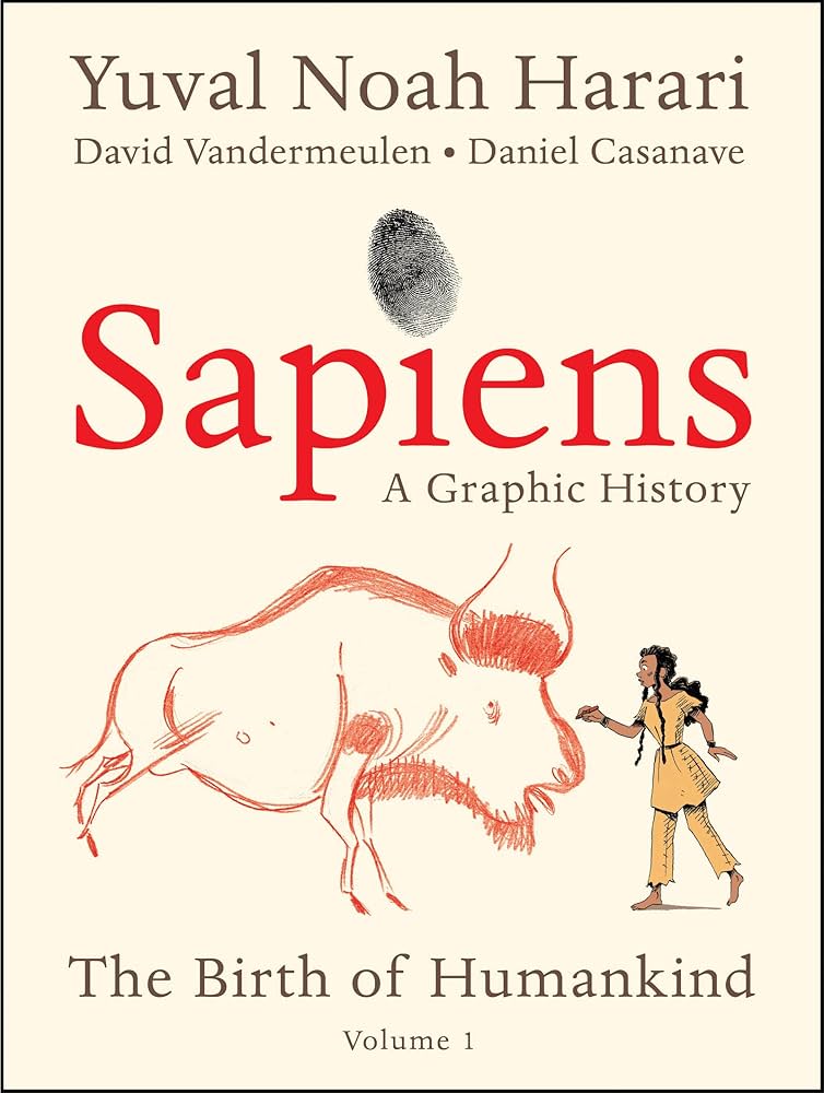 The cover of the book Sapiens, showing a prehistoric person creating cave art