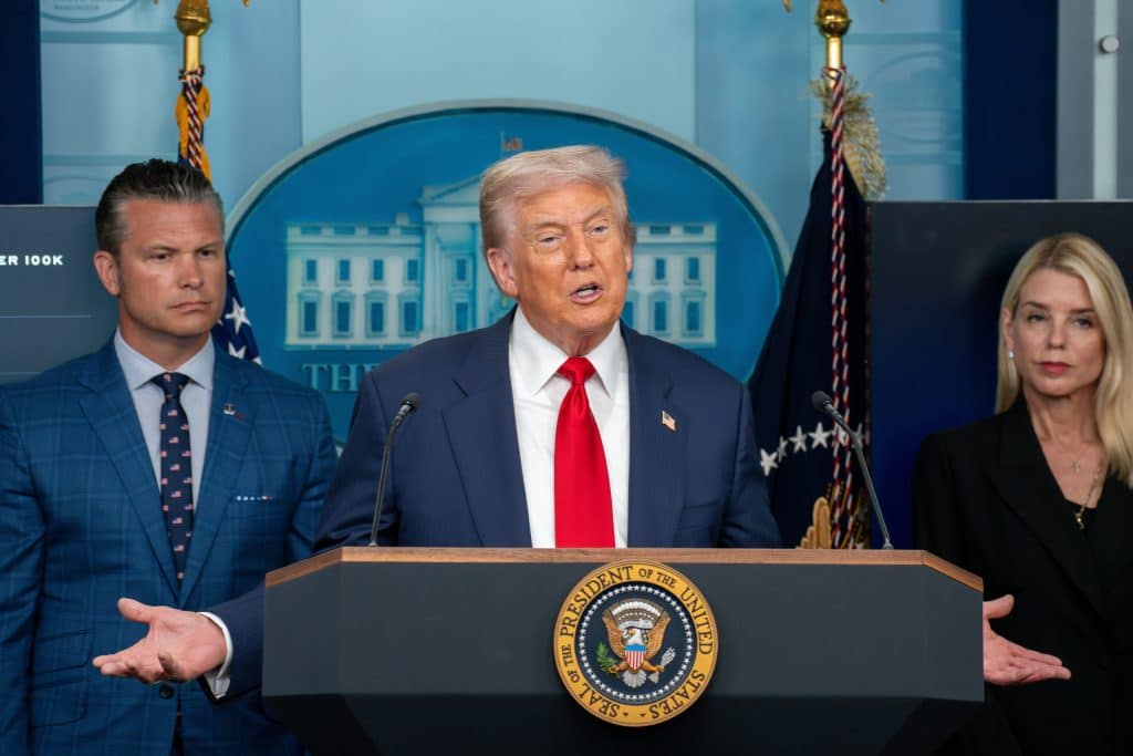 United States President Donald Trump giving a press briefing.