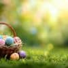 Easter Eggs sitting in a basket in the grass.