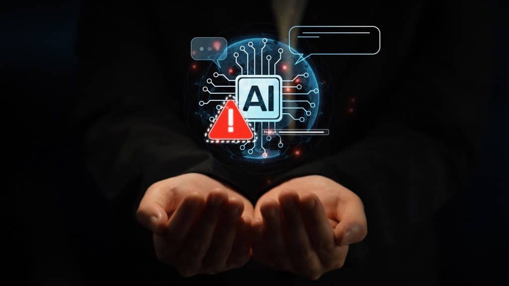 Hands holding an AI graphic with a warning.