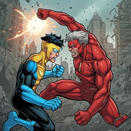 A battle between Invincible and his father, Omniman.