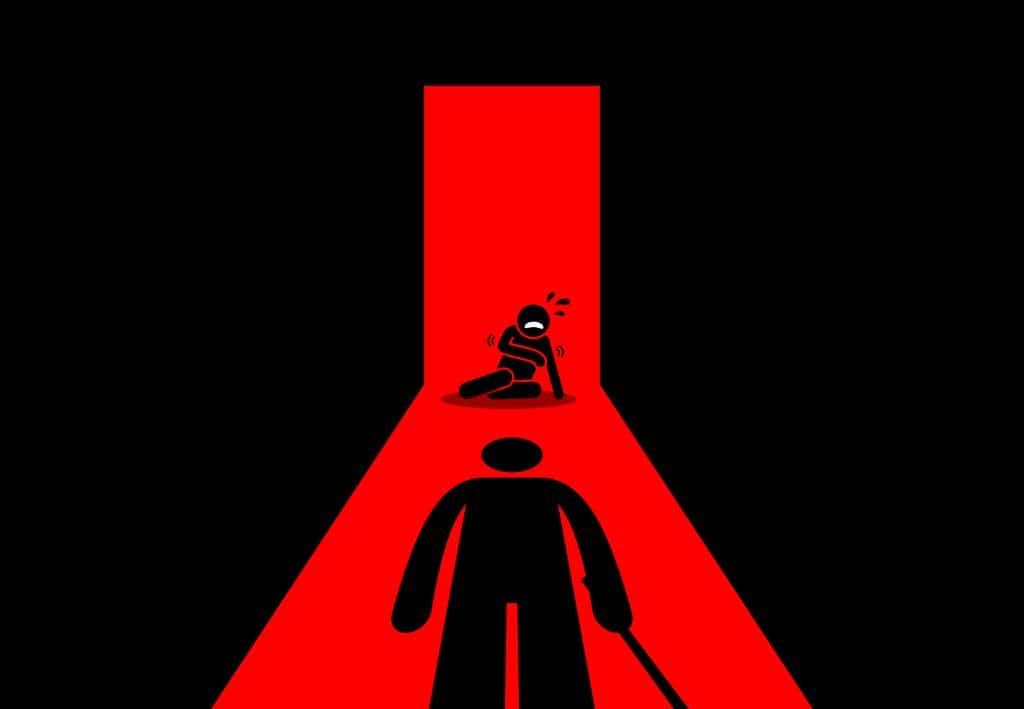 A drawn figure holds a weapon to another.