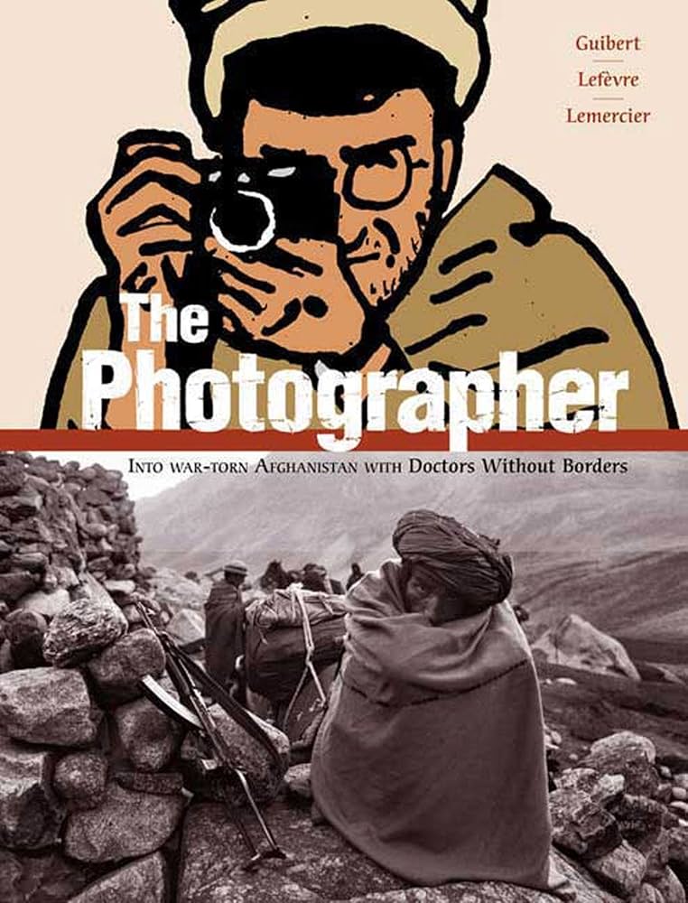 The cover of the book The Photographer, featuring a real picture on the bottom and an illustration of a man with a camera on the top