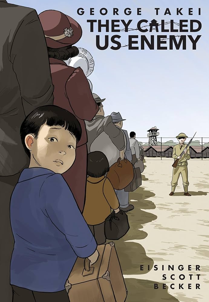 Cover art for the book They Called Us Enemy, featuring a little boy holding a suitcase and standing in a line of people