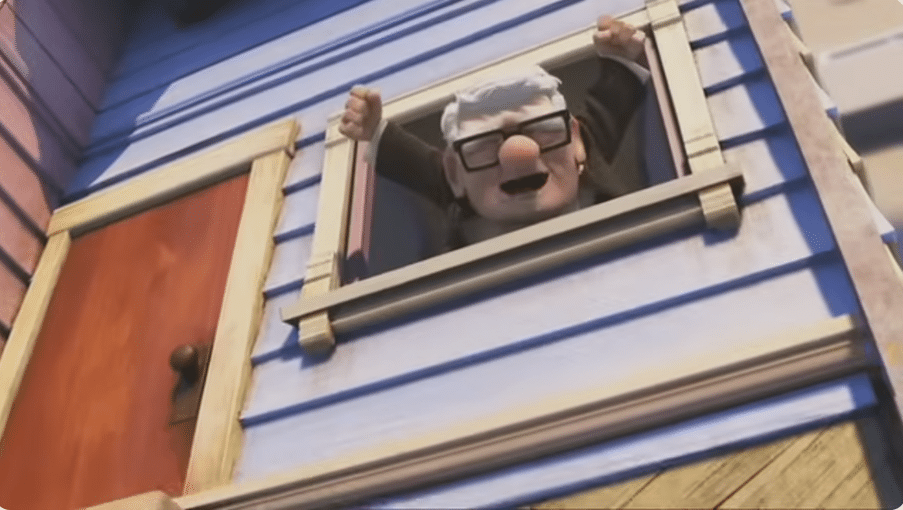 Cartoon old man with arms up in celebration at his window