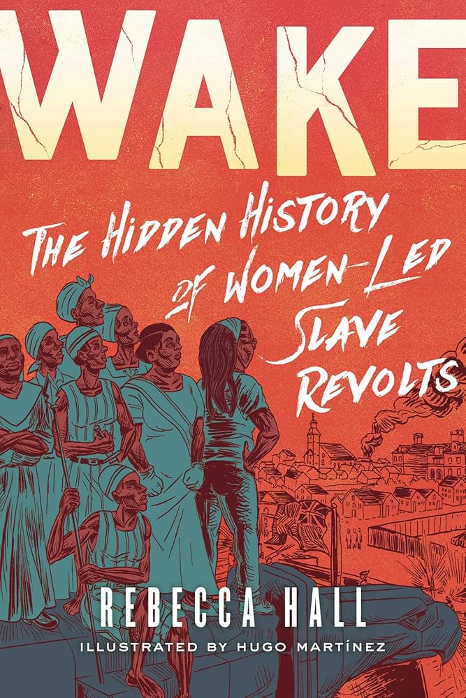 Cover art for the book Wake featuring the author looking out over a city with a group of people behind her