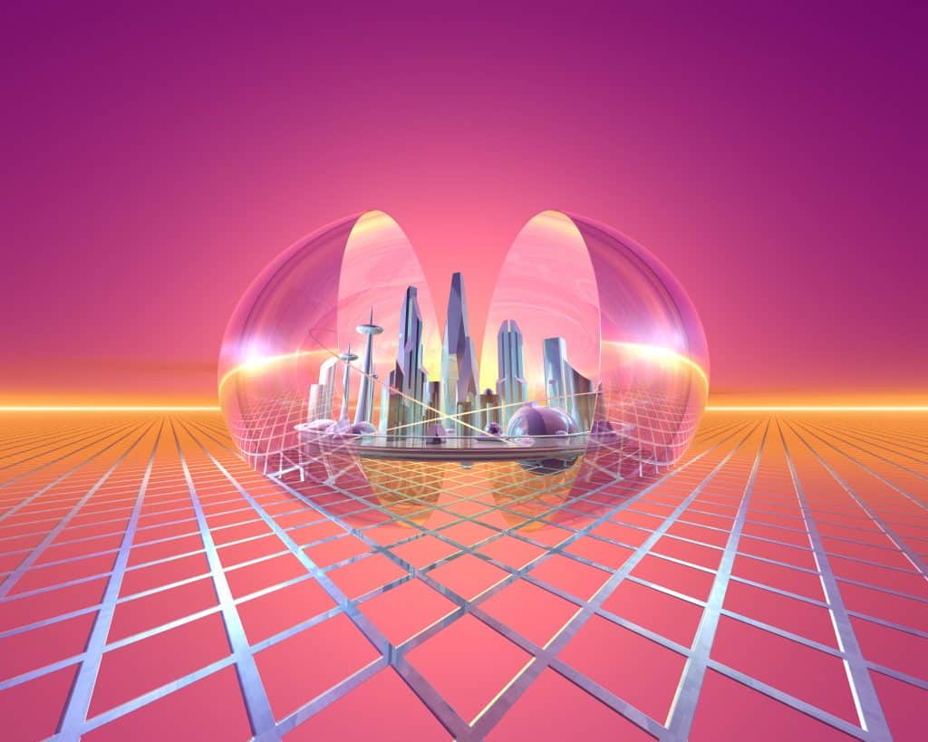 A perfect city contained in a cracked open oval of glass.
