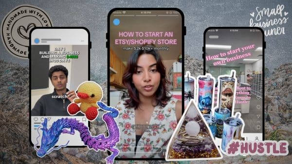 Collage of commodified hobbies in front of phones displaying small business TikToks against a garbage dump.