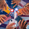 multiple peoples phones are in a circle and are all using social media liking photos and videos