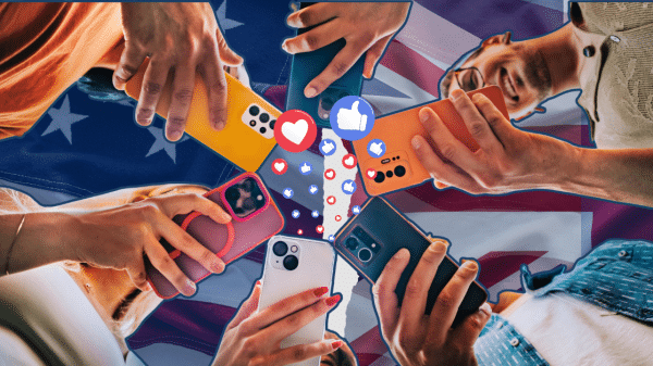 multiple peoples phones are in a circle and are all using social media liking photos and videos