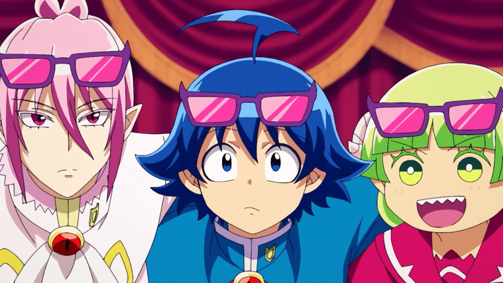 Left to right: Asmodeus Alice, Iruma Suzuki, and Valac Clara wearing sunglasses