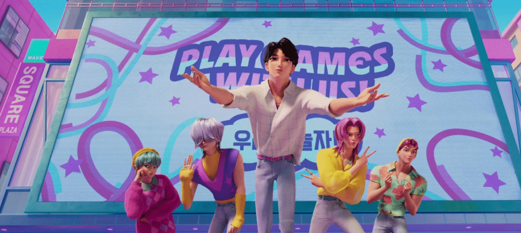 Image of the Saja Boys in human form, with soft aesthetically pleasant features and expressions, against a soft pastel backdrop.