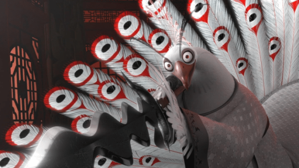 Image of Shen (the warlord peacock) pointing a blade at the viewer, in a clearly agitated state.