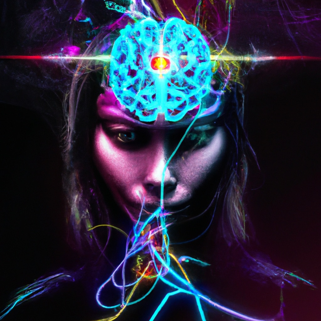 A girl's face in a shadow with her brain transposed in front of her forehead, glowing blue and extending blue lines of light.