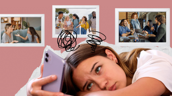 A girl stares at her phone, noting several images of her parents, teachers, and friends that are constantly pushing her to perfection.