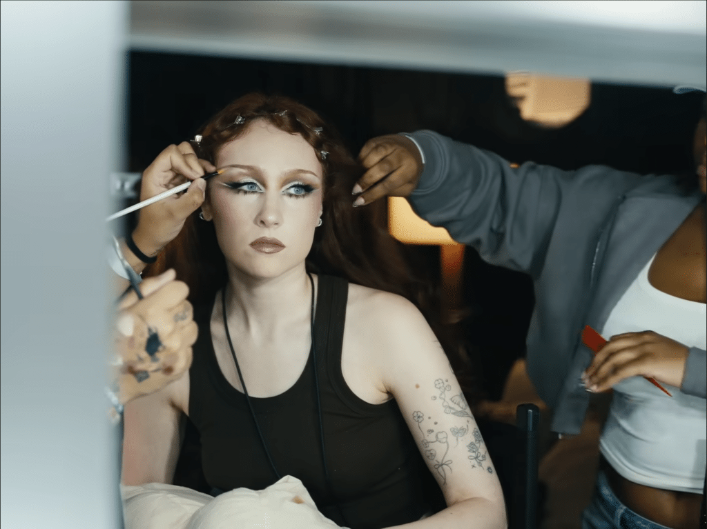 Chappell Roan in hair and makeup for Lollapalooza Brazil.