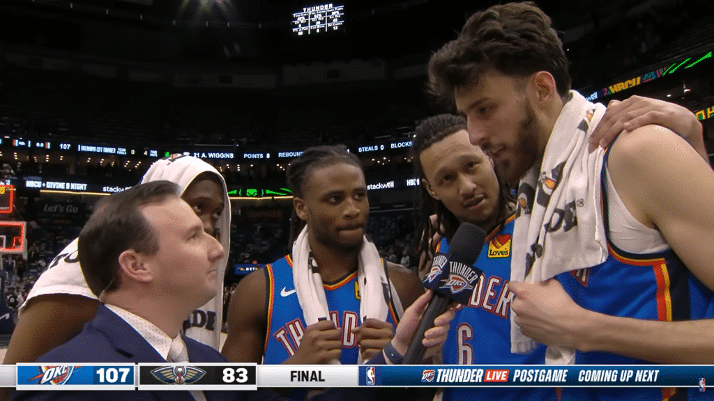 Oklahoma City Thunder players speak with reporters immediately after the game.