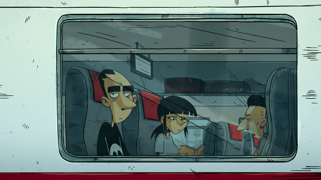 Zerocalcare, Sarah, and Secco (left to right) riding on a train. (Credit: Netflix)