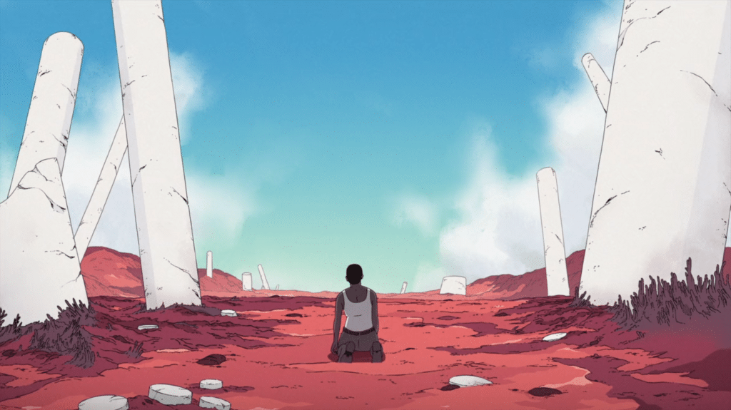 Azi kneeling in the middle of an alien landscape. (Credit: HBO)
