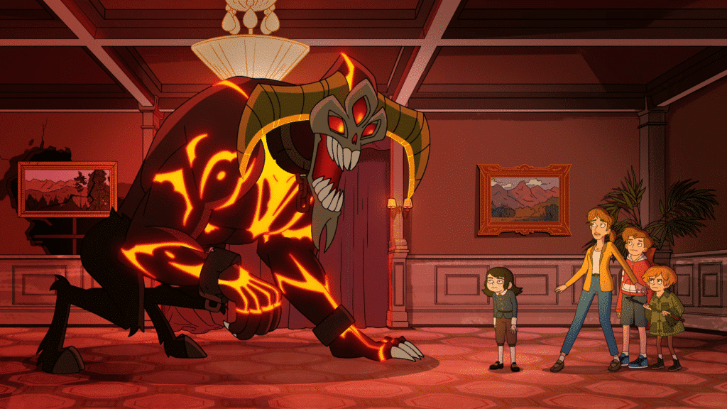 The Freeling family (right) facing a demon (left). (Credit: Netflix)