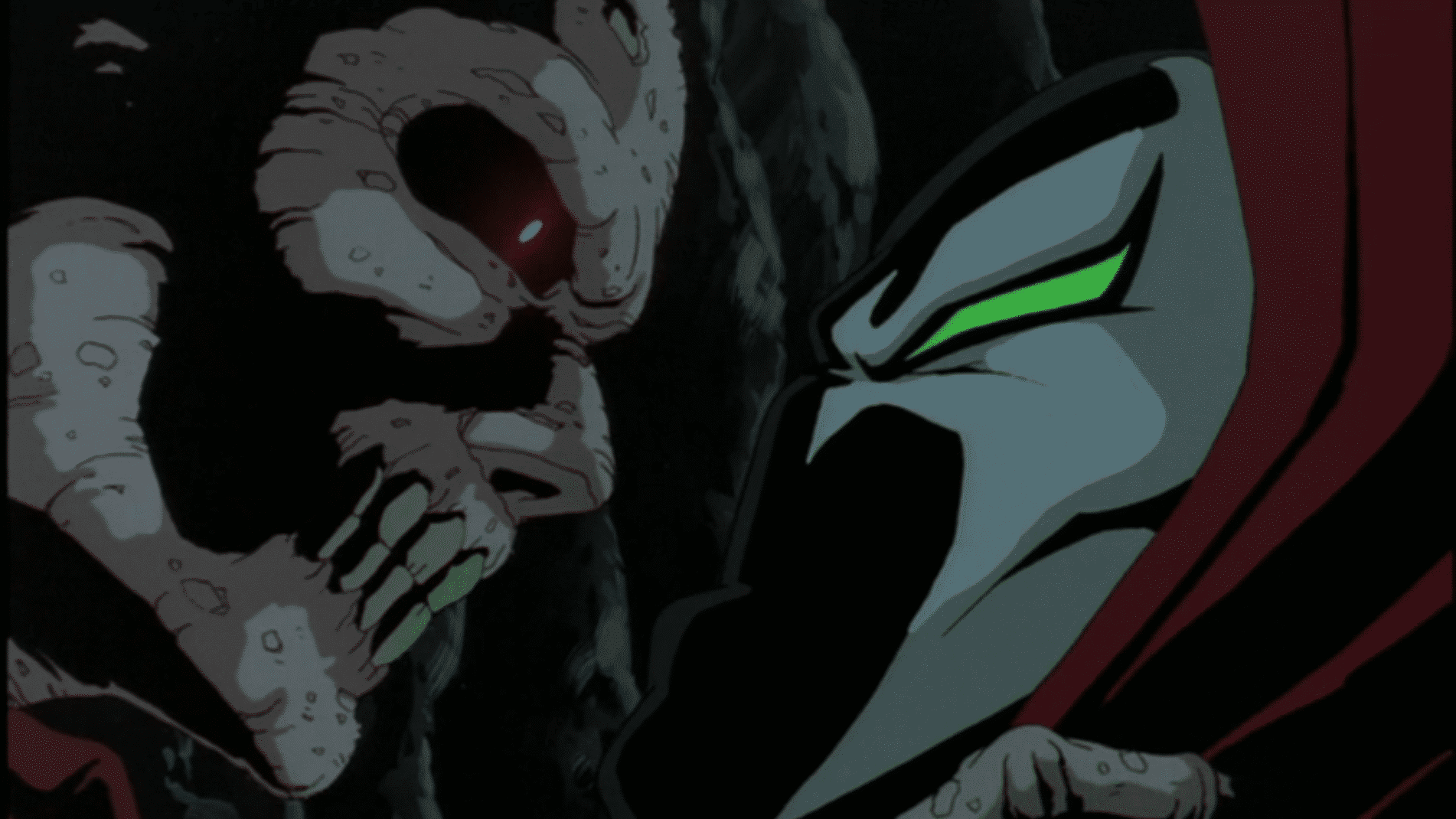 Spawn (right) facing his own possessed corpse (left). (Credit: HBO)