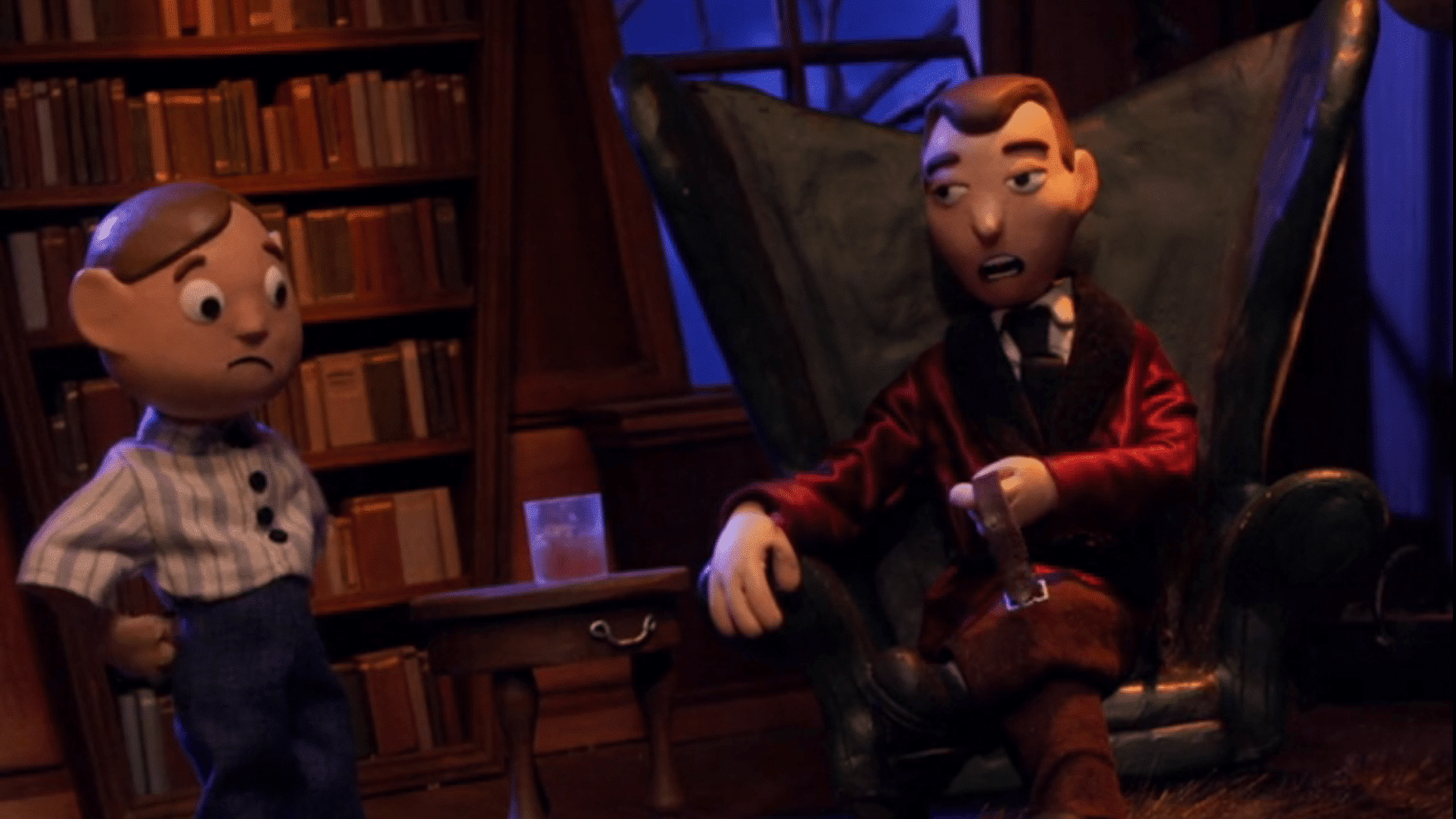 Orel (left) and his father Clay (right) in Clay's personal library. (Credit: HBO)