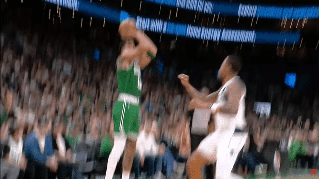 In his first game back, Tatum rises for a three, marking his return to action.